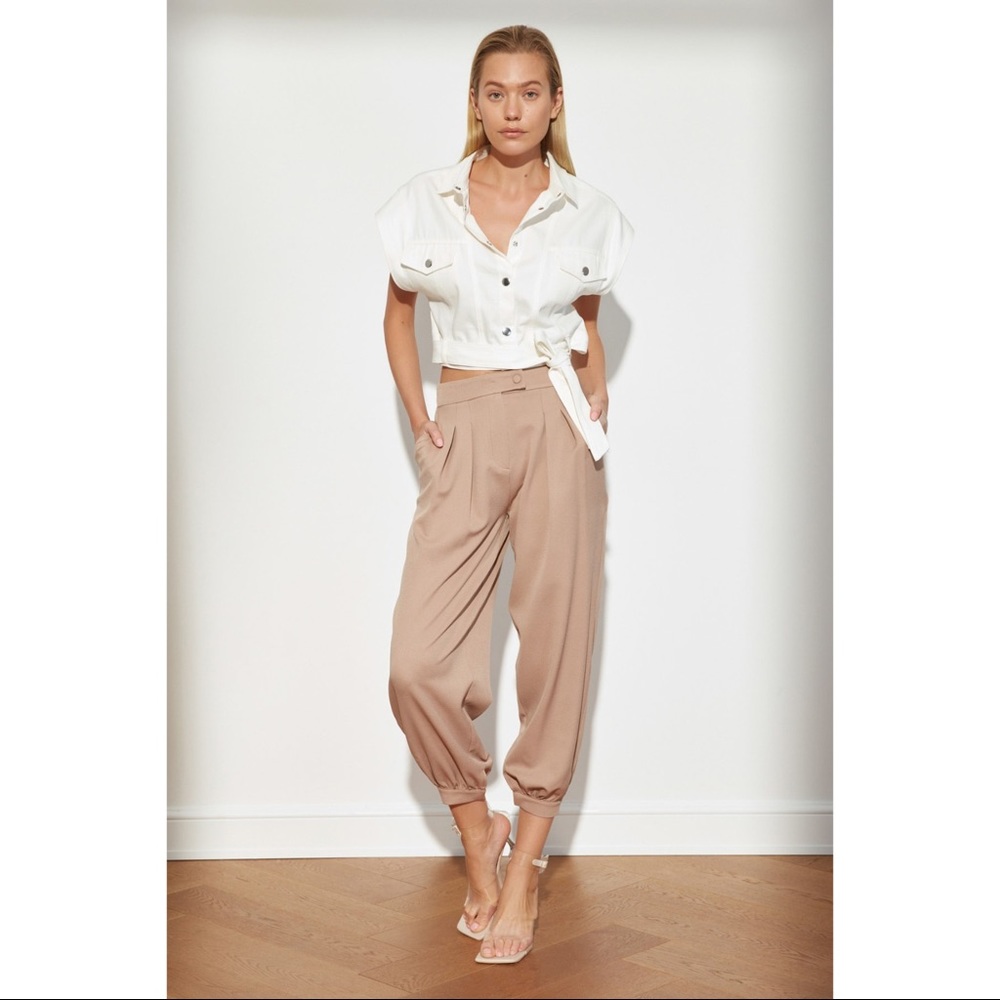 Woman’s Ankle Cropped Tan Pleated Pants Beige